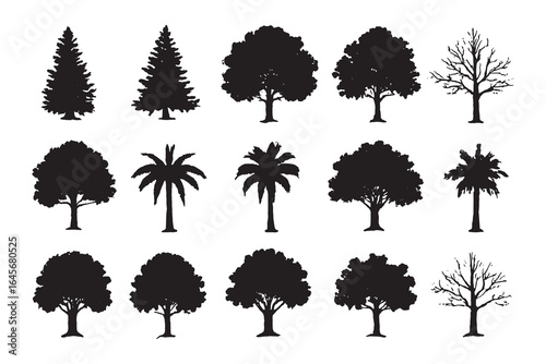 Black tree silhouettes of various species including pine and palm, perfect for nature, landscape, and scenery art projects.
