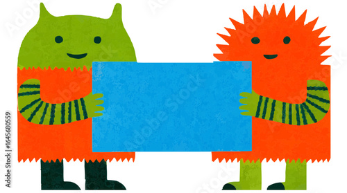 Isolate, vector illustration, two funny creative people hold a postcard, Freaks style design element, vector graphics for sites, landing pages, advertising, web design