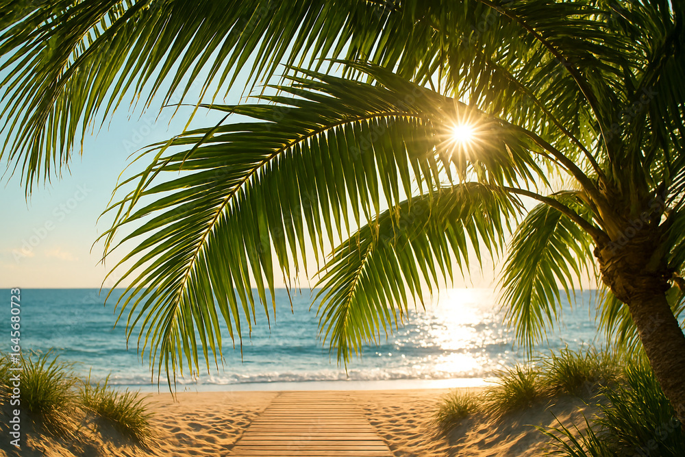 Fototapeta premium Sunlight filters through palm fronds onto a sandy beach path leading to the ocean
