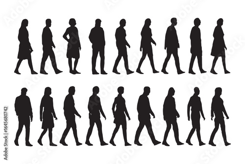 Silhouettes of walking people in various poses, side view, ideal for crowd, pedestrian, or urban scene illustrations.