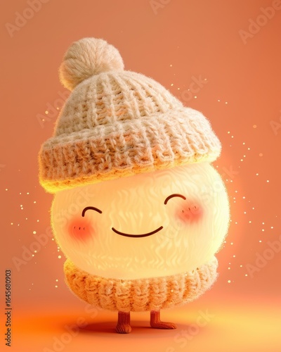  Smiling Lightbulb Character Wearing Knitted Beanie and Neck Warmer