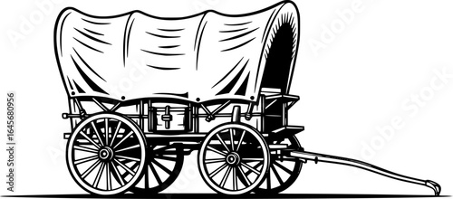 Black and White Vector Illustration of a Covered Wagon

