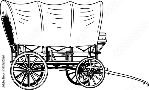 Black and White Vector Illustration of a Covered Wagon
