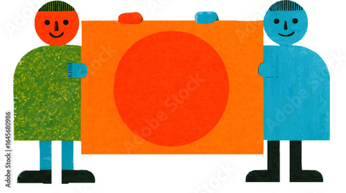 Isolate, vector illustration, two funny creative people hold a postcard, Freaks style design element, vector graphics for sites, landing pages, advertising, web design