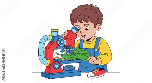 Curious cartoon boy studying a green leaf with a microscope.