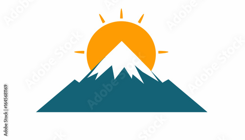 Clean graphic of majestic mountains silhouetted against a radiant sun, symbolizing the tranquil grandeur of nature, the promise of a new dawn, and a serene outdoor horizon.