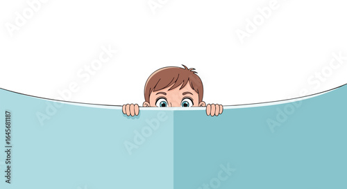 Curious cartoon boy with big eyes peeking over a blue wall or banner.