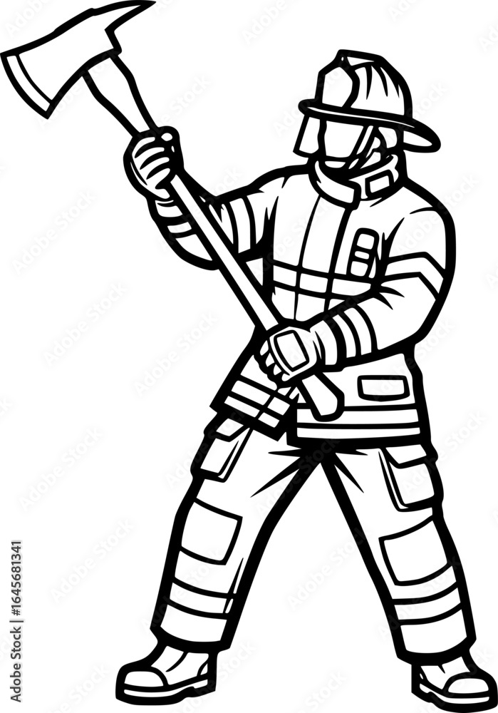 Obraz premium Firefighter with Axe Black SVG Vector Outline 