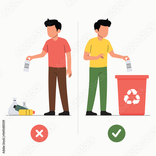 Correct and wrong behavior of littering waste. Man throws garbage into can against guy throwing garbage on ground. Caring for environment and indifference to nature. Cartoon flat vector illustration