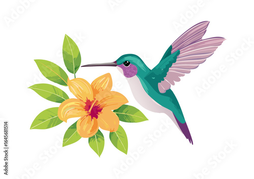Vibrant hummingbird hovering near a blooming flower