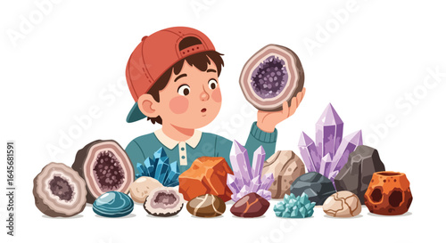 Curious Young Boy Examining His Collection of Rocks and Minerals.