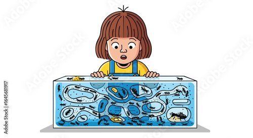 Curious young girl with surprised expression watching an ant farm.