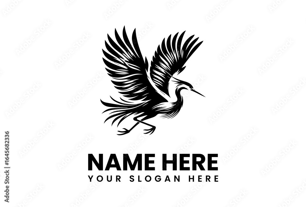 Fototapeta premium Elegant Black Heron in Flight Stylized Logo Design.