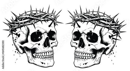 Two detailed skull illustrations facing each other, each adorned with a crown of thorns, in black and white.