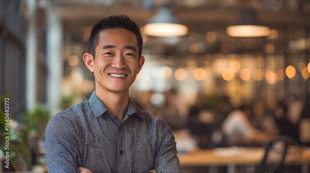 Fototapeta premium Smiling Asian Man, Portrait. Business Professional in Startup Setting.