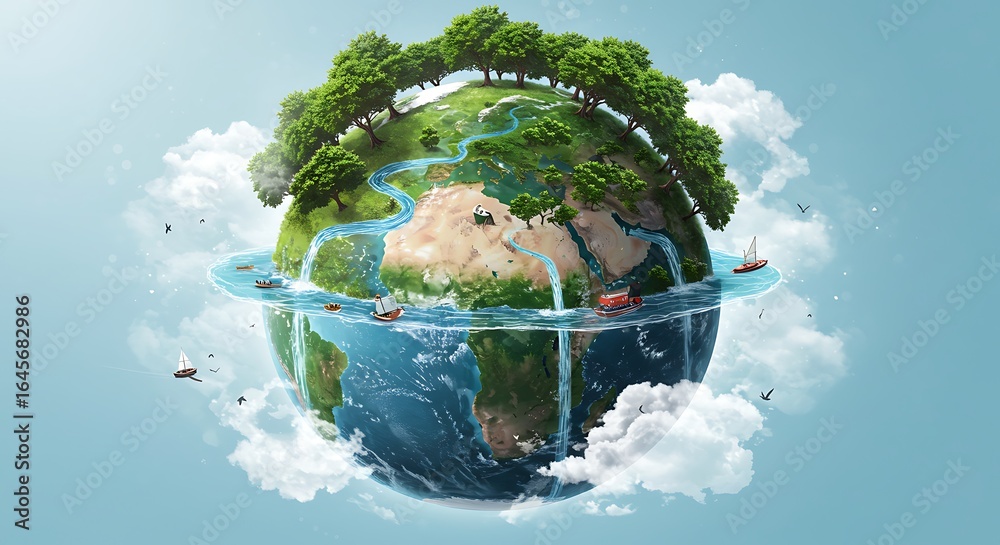 Fototapeta premium Detailed Earth Globe with Green Trees and Blue Water
