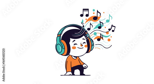 Cute cartoon character listening to music with headphones.