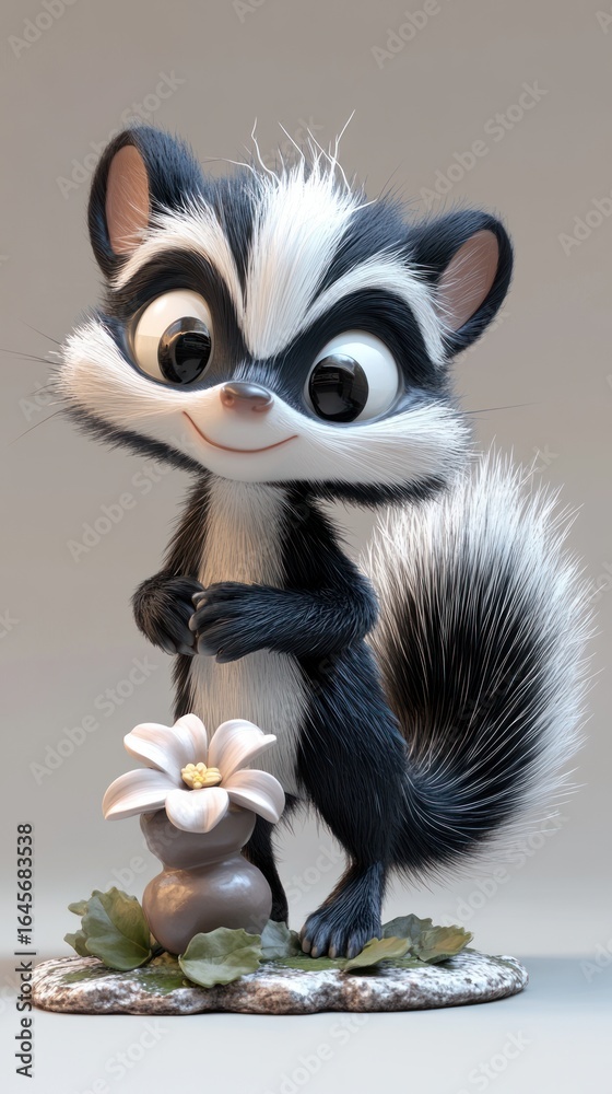 Obraz premium Cartoon Striped Skunk with a White Blossom Standing on a Rock