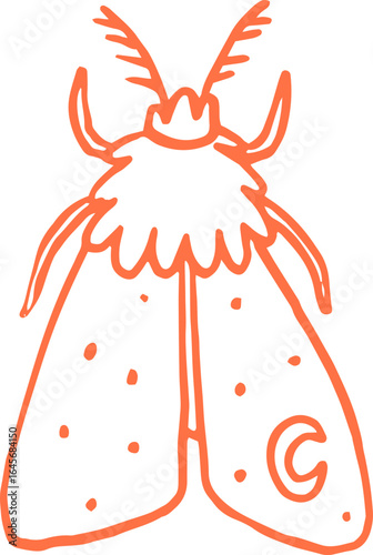 Orange moth illustration, night butterfly whimsical line art. Flying insect doodle