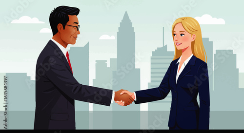 Smiling Asian businessman and blonde businesswoman in suits shaking hands in a professional agreement.