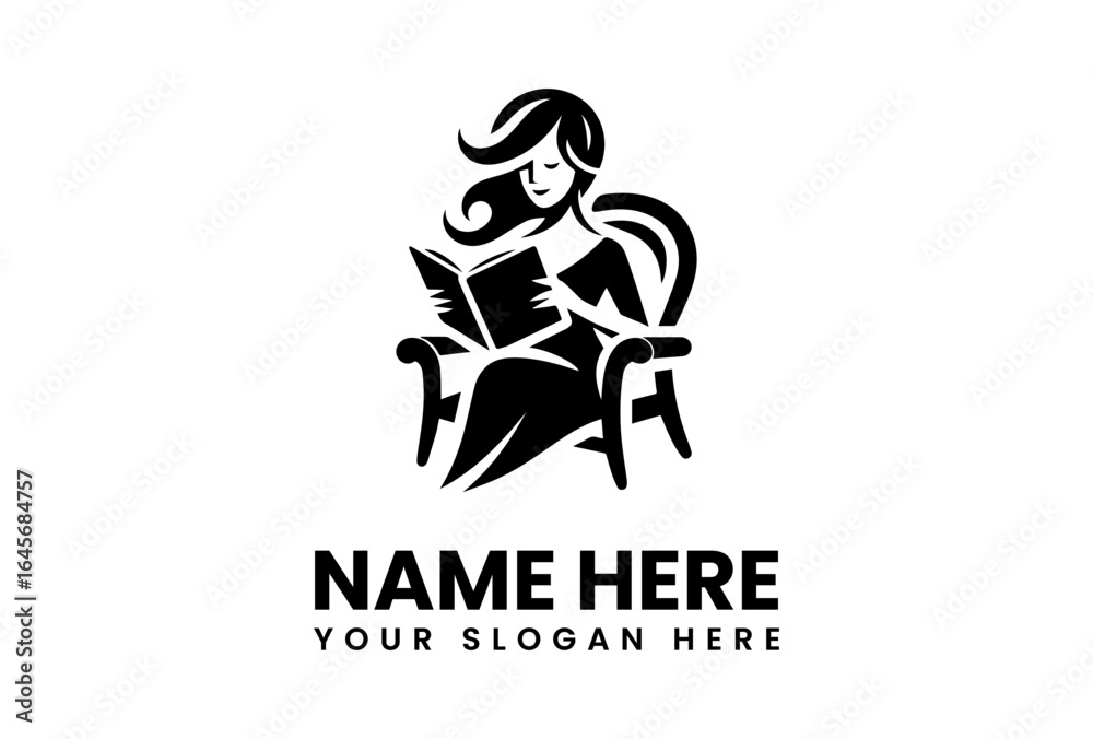Naklejka premium Elegant Silhouette of Woman Reading Book in Armchair Logo Design.