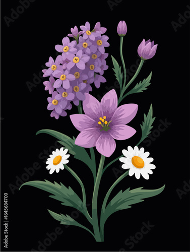Vector chamomile, bell flower with green 
leaf isolated on black background.
Summer print. 
Element of seamless fabric pattern.
Floral fashion ornament for women clothing, 
t-shirt, textile, paper.