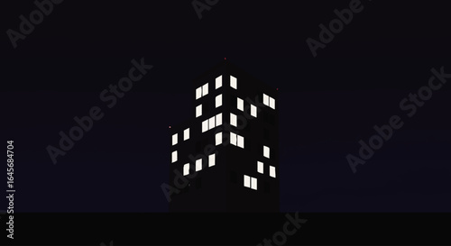 Solitary dark high-rise building with glowing white windows, a minimalist night illustration.
