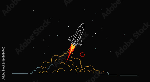 Space Rocket Launching, Line Art Style, Ascending Through Smoke and Flames