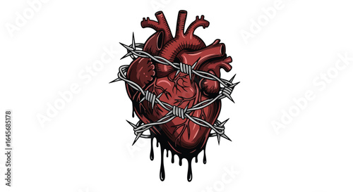 A realistic illustration of a human heart entangled in barbed wire, with blood dripping.