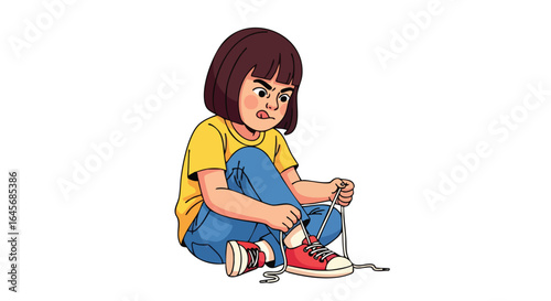Frustrated little girl learning to tie her shoelaces.