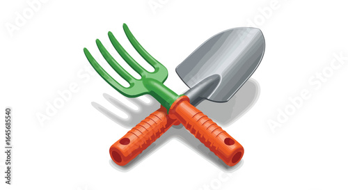 Gardening tools a hand fork and trowel crossed on a white background.