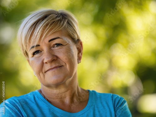Middle-aged woman with curly brown hair smiles at the camera wearing a blue T-shirt standing in front of a green tree with sunlight shining on her face, capturing a warm and natural outdoor moment.