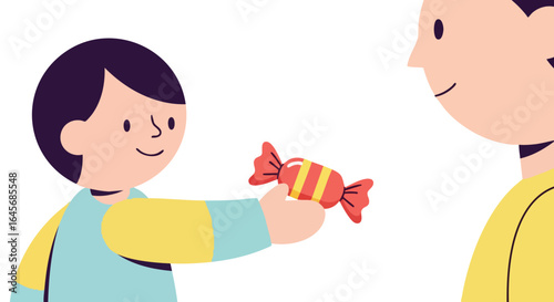 Generous young boy sharing his sweet candy with another person.