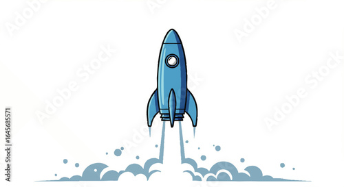 Stylized blue cartoon rocket ship launching upwards, with a round porthole and exhaust smoke.