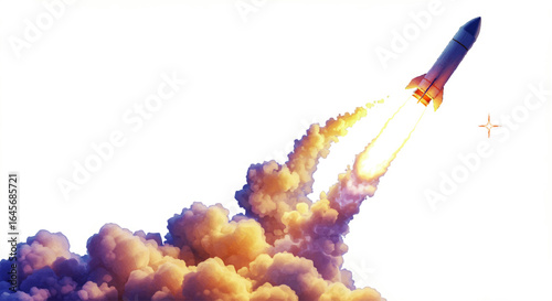 Stylized blue-grey rocket launching with vibrant fiery exhaust and voluminous smoke plume