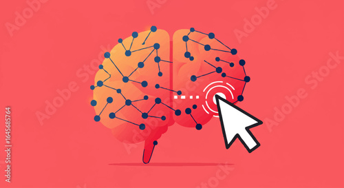 Stylized brain illustration with a digital neural network and a cursor clicking a connection point.
