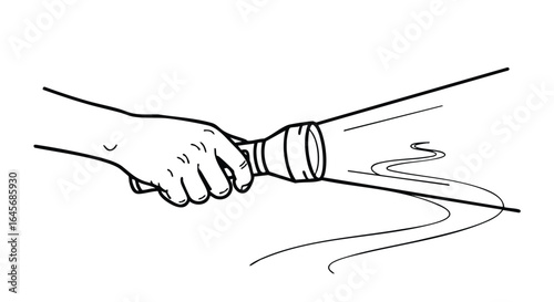 Hand holding a flashlight shining a light beam vector illustration.