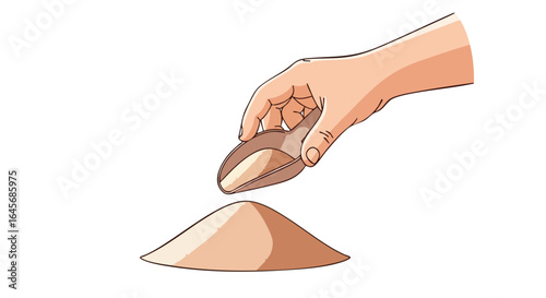 Hand holding a scoop with powder over a pile.