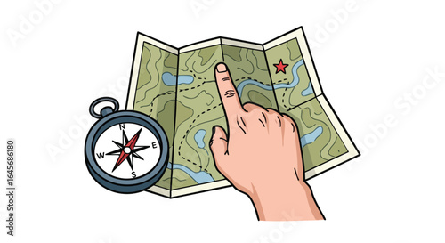 Hand pointing at a travel map with a compass for navigation.