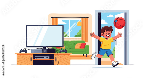 Happy boy runs outside to play leaving video games behind.