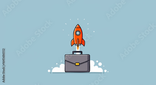 Stylized orange rocket ship launching from a grey business briefcase, propelled by flames and smoke.