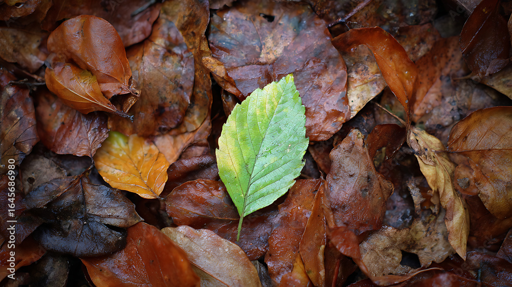 A solitary green leaf sitting atop a pile of autumn leaves (2) A solitary green leaf sitting atop a pile of autumn leaves (2)