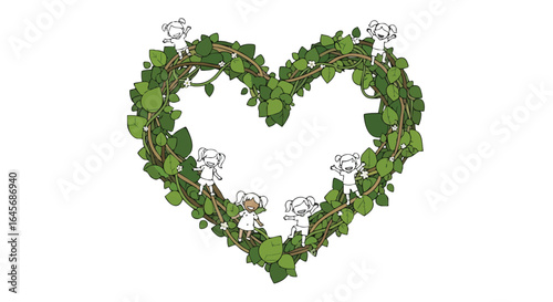 Happy cartoon children playing on a green heartshaped vine wreath.
