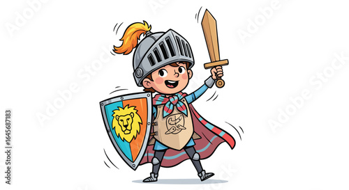 Happy Child in Knight Costume with Sword and Shield.