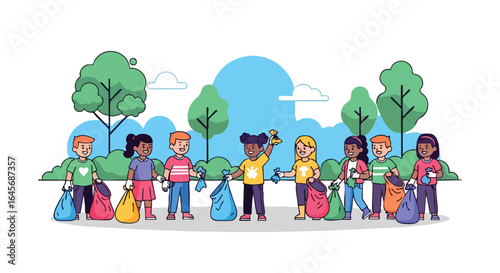 Happy Kids Volunteering for Environmental Cleanup.