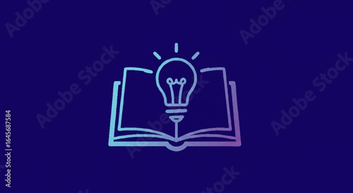 Textured line art icon of a glowing lightbulb emerging from an open book, with a vibrant blue to purple gradient.