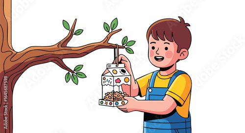 Happy young boy hanging a DIY bird feeder on a tree branch.