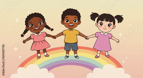 Three happy, diverse cartoon children holding hands together on a colorful rainbow