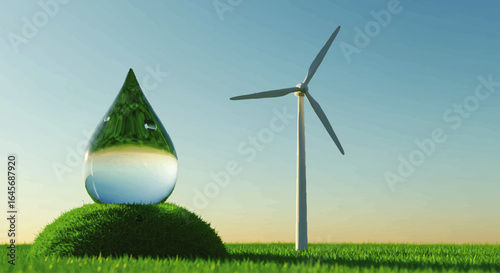 Transparent Water Drop with Green Grass Inside, Eco Concept