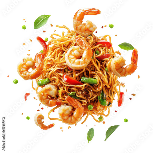 Delicious Shrimp Chow Mein with Colorful Vegetables and Fresh Herbs in a Vibrant Presentation on transparent background